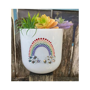 Large White Glass Rhinestone RAINBOW Vase - White Round Bling Planter